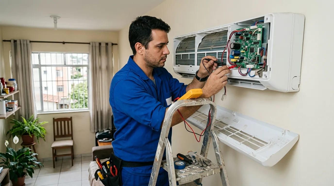 Eletricista ligando a placa do ar-condicionado split em Uberaba‑MG
